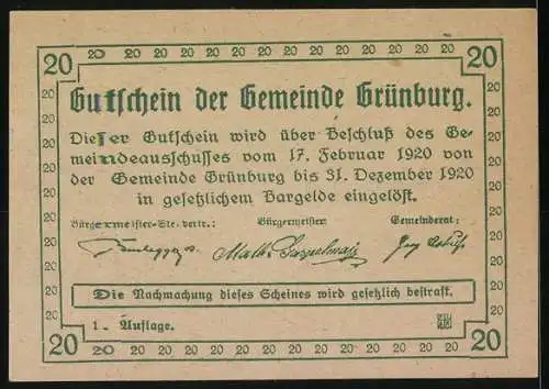 Notgeld Grünburg 1920, 20 Heller, Landschaftsmotiv mit Wappen und Unterschriften