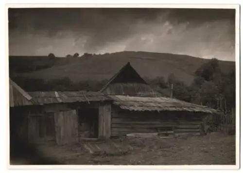 Fotografie unbekannter Fotograf, Ansicht Stebna, Ochrany srub kolem chyze pred dravou zveri, alte Holzhütte in der Ukrai