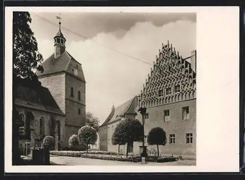 AK Mühlberg / Elbe, Frauenkirche und Ostgiebel des Rathauses