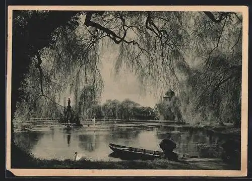 AK Veitshöchheim, Grosser See, idyllische Ortspartie mit Wasserspielen und Schwan