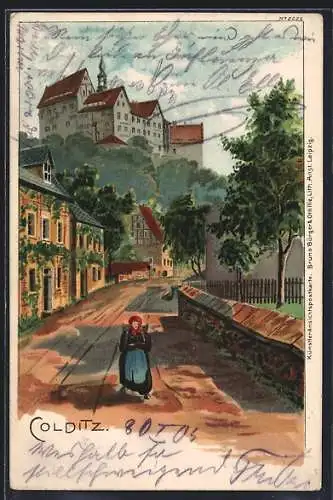 Lithographie Colditz, Strassenpartie mit Blick zum Schloss