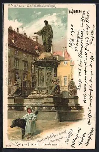 Lithographie Wien, Hofburg, Denkmal Kaiser Franz I., Mädchen mit Hund