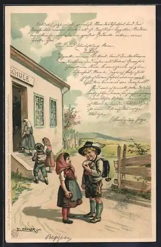 Künstler-Lithographie E. Döcker: Die grosse That, Ganghofer, Bub vor Schule