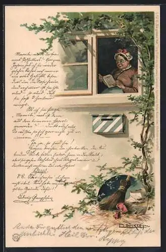 Künstler-Lithographie E. Döcker: Die grosse That, Ganghofer, Frau am Fenster