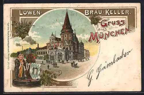 Lithographie München, Löwenbräu-Keller mit Münchner Kindl und Löwe