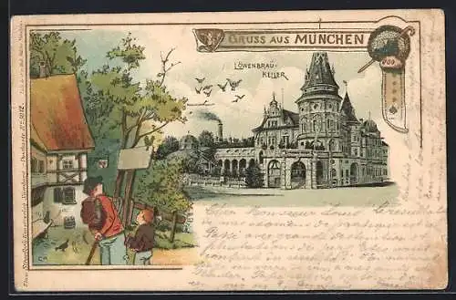 Lithographie München, Löwenbräu-Keller und Wanderer