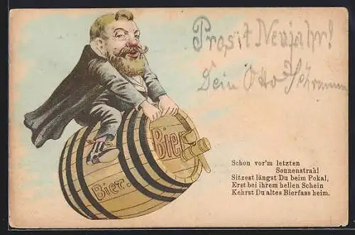Lithographie Mann fliegt auf einem Bierfass, früher Druck