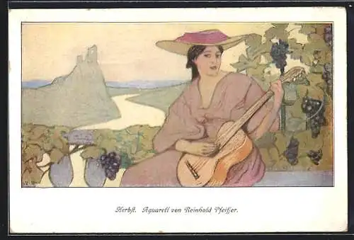 Künstler-AK sign. Reinhold Pfeiffer: Fräulein mit Gitarre und Weinsträucher