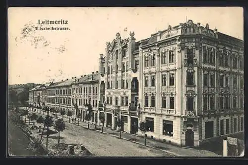 AK Leitmeritz, Elisabethstrasse mit Bäumen