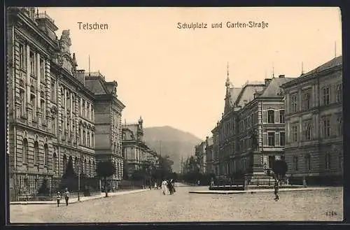 AK Tetschen, Schulplatz und Garten-Strasse