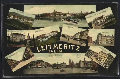 AK Leitmeritz a. d. Elbe, K. k. Postgebäude, Landwehrkaserne, Ringplatz