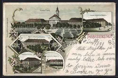 Lithographie Theresienstadt / Terezin, Kleine Infanterie-Kaserne, Deutsche Schule, Artillerie-Kaserne