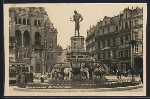 AK Reichenberg, Strassenbahn am Metznerbrunnen