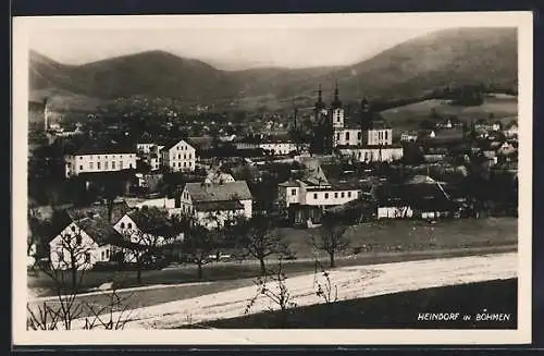 AK Haindorf in Böhmen, Teilansicht vom Hügel aus