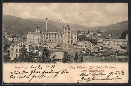 AK Unter-Morchenstern / Smrzovka, Blick auf die neue Fabrik von Joh. Priebsch`s Erben