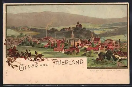 Lithographie Friedland, Ortsansicht aus der Vogelschau