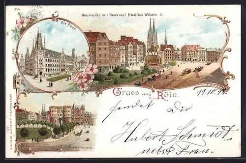 Lithographie Köln, Heumarkt mit Denkmal Friedrich Wilhelm III., Post