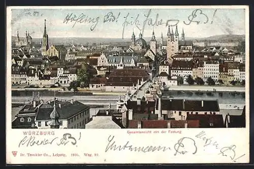 AK Würzburg, Panorama von der Festung aus gesehen