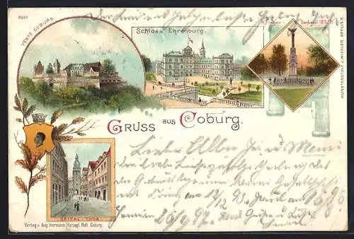 Lithographie Coburg, Spital-Thor, Schloss Ehrenburg, Veste