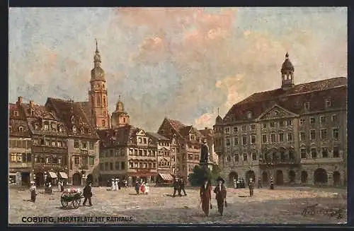 Künstler-AK Coburg, Marktplatz mit Rathaus