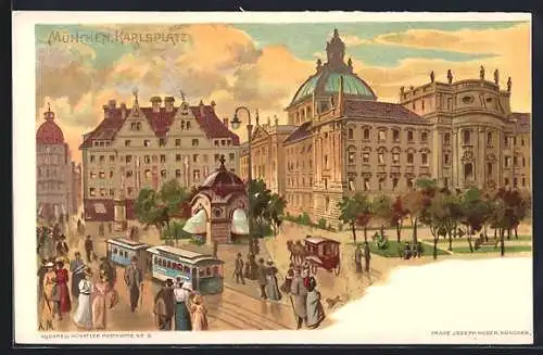 Lithographie München, Karlsplatz mit Strassenbahn und Kutsche