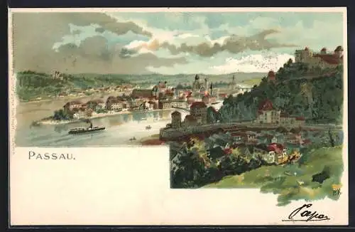 Lithographie Passau, Totalansicht aus der Vogelschau