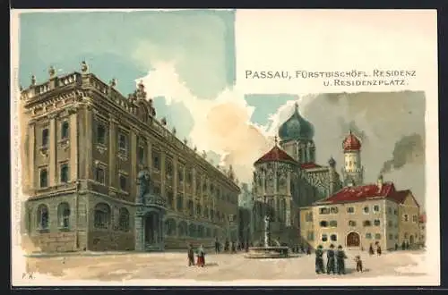 Lithographie Passau, die Fürstbischöfl. Residenz auf dem Residenzplatz