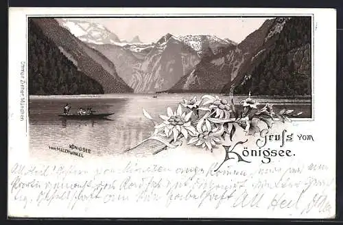 Lithographie Königsee / Berchtesgaden, Fähre auf dem See gegen Berggipfel