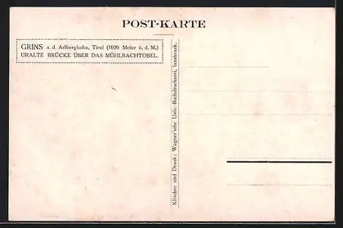 Künstler-AK Grins a. d. Arlbergbahn, Alte Brücke über das Mühlbachtobel