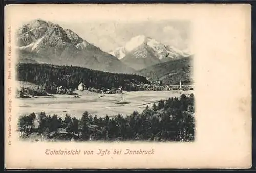 AK Igls bei Innsbruck, Totalansicht mit Bergpanorama aus der Vogelschau