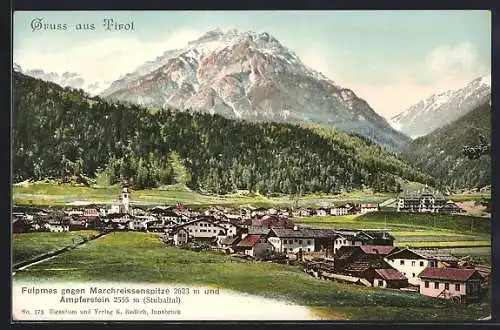 AK Fulpmes, Ortspanorama mit Marchreissenspitze und Ampferstein