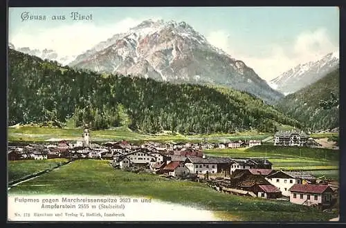 AK Fulpmes, Ortspanorama mit Marchreissenspitze und Ampferstein