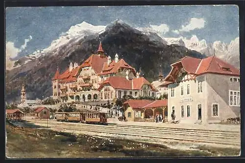 AK Fulpmes, Stubai-Hotel am Bahnhof mit Bahn