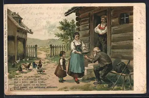 Künstler-Lithographie E. Döcker: Wo Glaube da Liebe..., Familie gibt armen Mann zu Essen