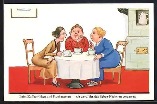 Künstler-AK Beim Kaffeetrinken und Kuchenessen, frauenfeindlicher Humor