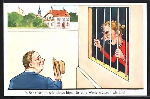 AK Mann besucht seine Frau am vergitterten Fenster eines Sanatoriums, frauenfeindlicher Humor