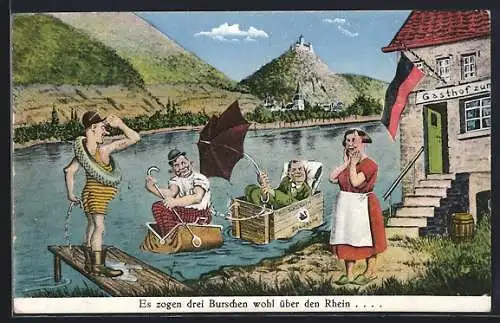 AK Empfang dreier Burschen mit improvisierten Booten am Rheinufer
