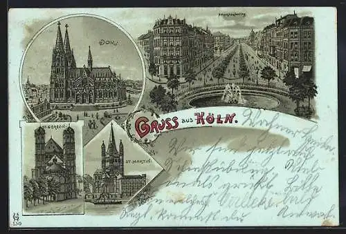 Lithographie Köln, Hohenstaufenring aus der Vogelschau, Dom aus der Vogelschau