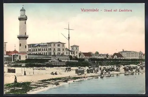 AK Warnemünde, Strandpartie mit Leuchtturm