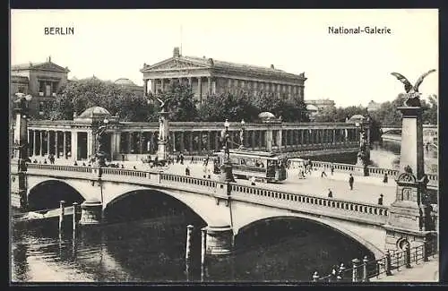 AK Berlin, Friedrichsbrücke mit Nationalgalerie, Strassenbahn