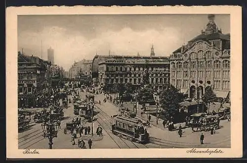 AK Berlin, Alexanderplatz mit Lehrer Flatauer Handelsschule und Strassenbahn