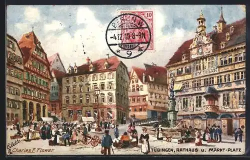 Künstler-AK Charles F. Flower: Tübingen, Rathaus und Markt