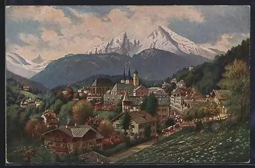 AK Berchtesgaden, Panorama mit Kirche & Bergen