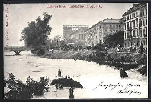 AK München-Au, Dammbruch bei der Fraunhoferbrücke 13. Sept. 1899, Hochwasser