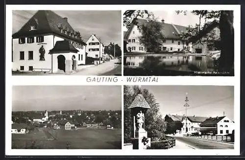 AK Gauting, Strassenpartie, Historische Reismühle, Panoramaansicht, Ortspartie