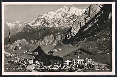 AK Garmisch, Gasthaus Hochalm gegen Wetterstein