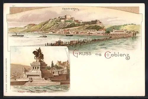 Lithographie Coblenz, Kaiser-Wilhelm-Denkmal, Ehrenbreitenstein