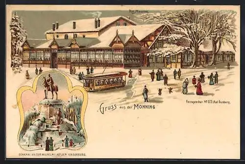 Winter-Lithographie Duisburg, Etablissement Monning im Winter mit Leuten und Strassenbahn