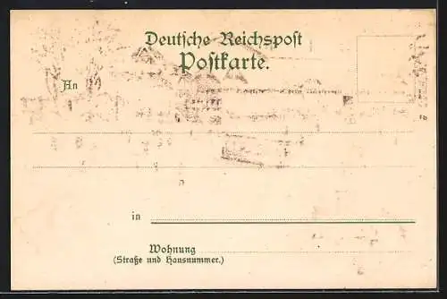 Winter-Lithographie Duisburg, Etablissement Monning im Winter mit Leuten und Strassenbahn