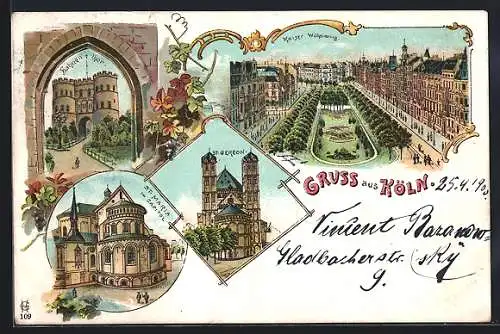 Lithographie Köln-Neustadt, Hahnentor, St. Maria im Capitol & St. Gereon